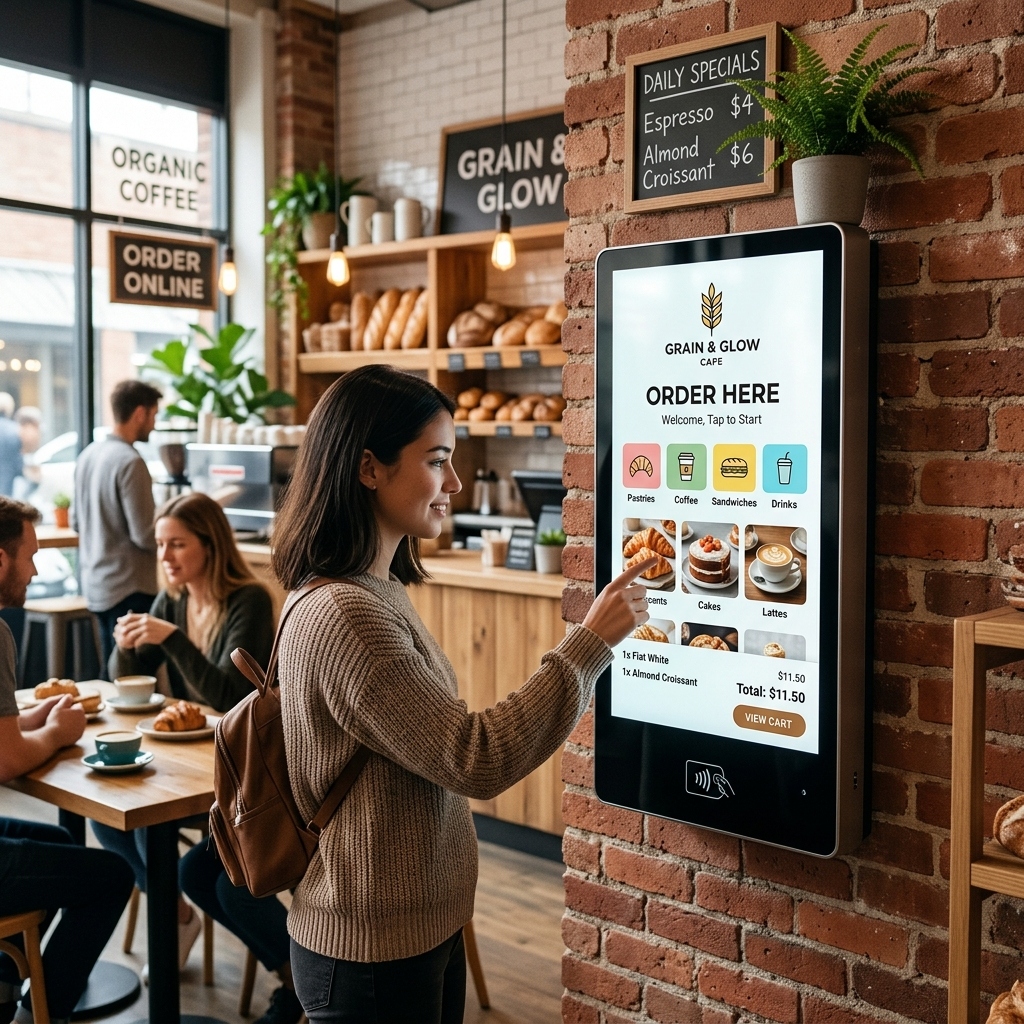 Customer ordering at a café self-service kiosk